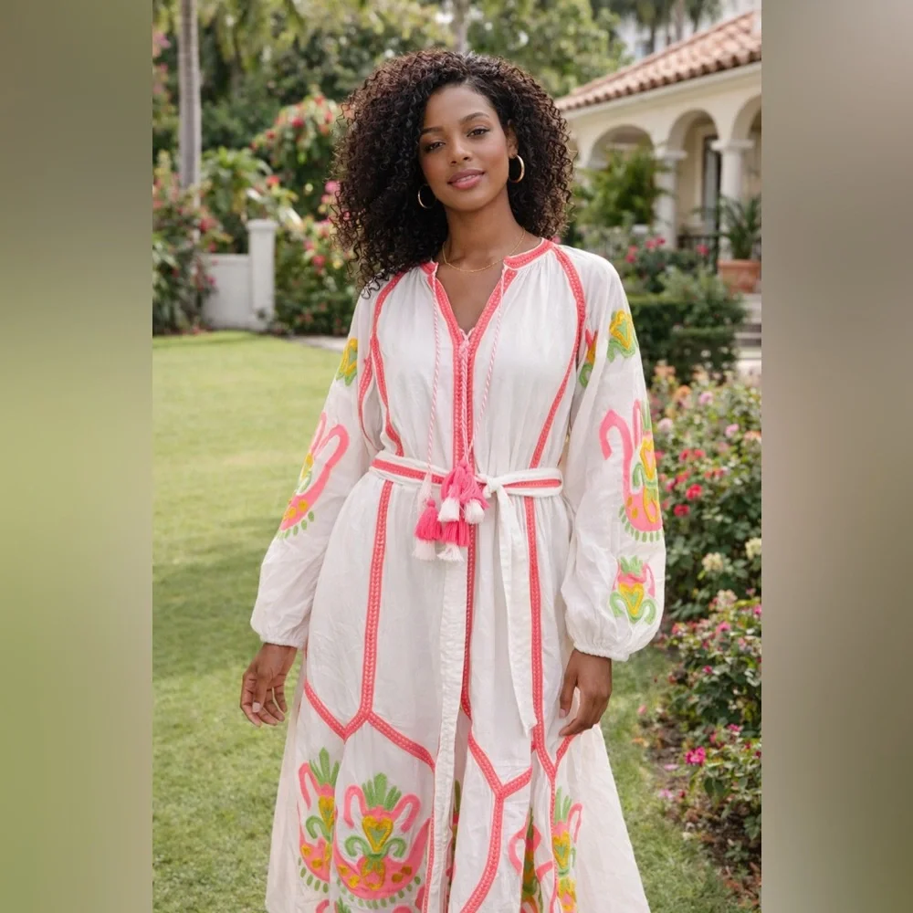 Embroidered White and Pink Maxi Dress - Picture 5 of 5